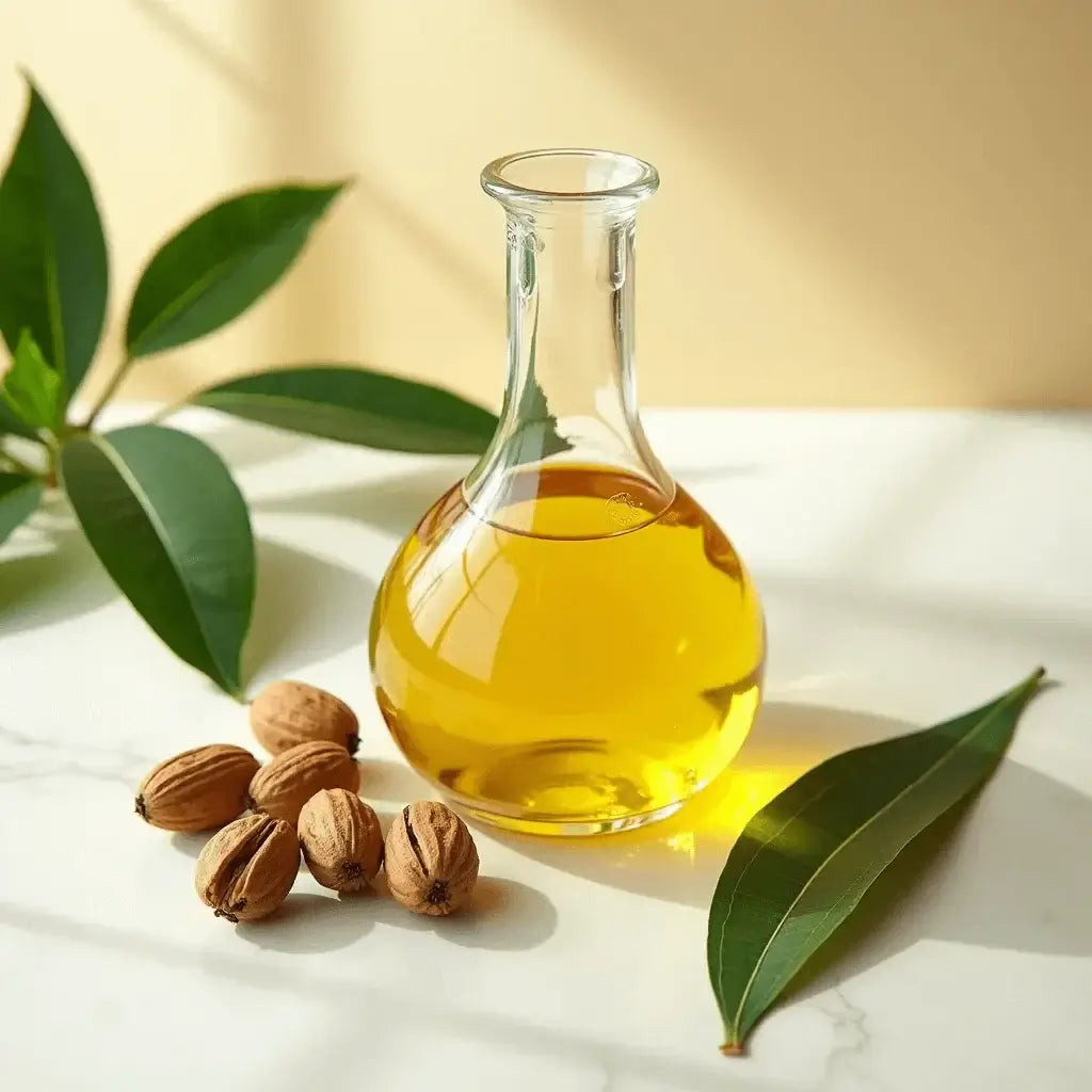 Glass bottle of oil with nuts and leaves on a light surface