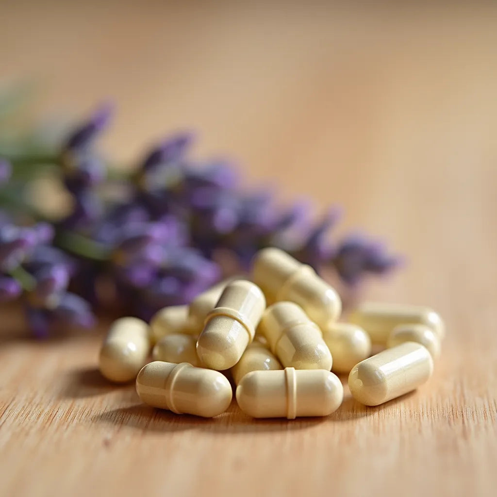 GABA Supplement | Stress Relief & Calm Focus capsules with lavender on wooden surface for natural stress relief.