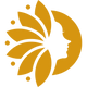 Logo with gold leaves and a white silhouette of a face on a white background