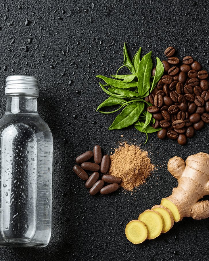 Clear bottle, coffee beans, green leaves, brown powder, and sliced ginger on a black textured surface