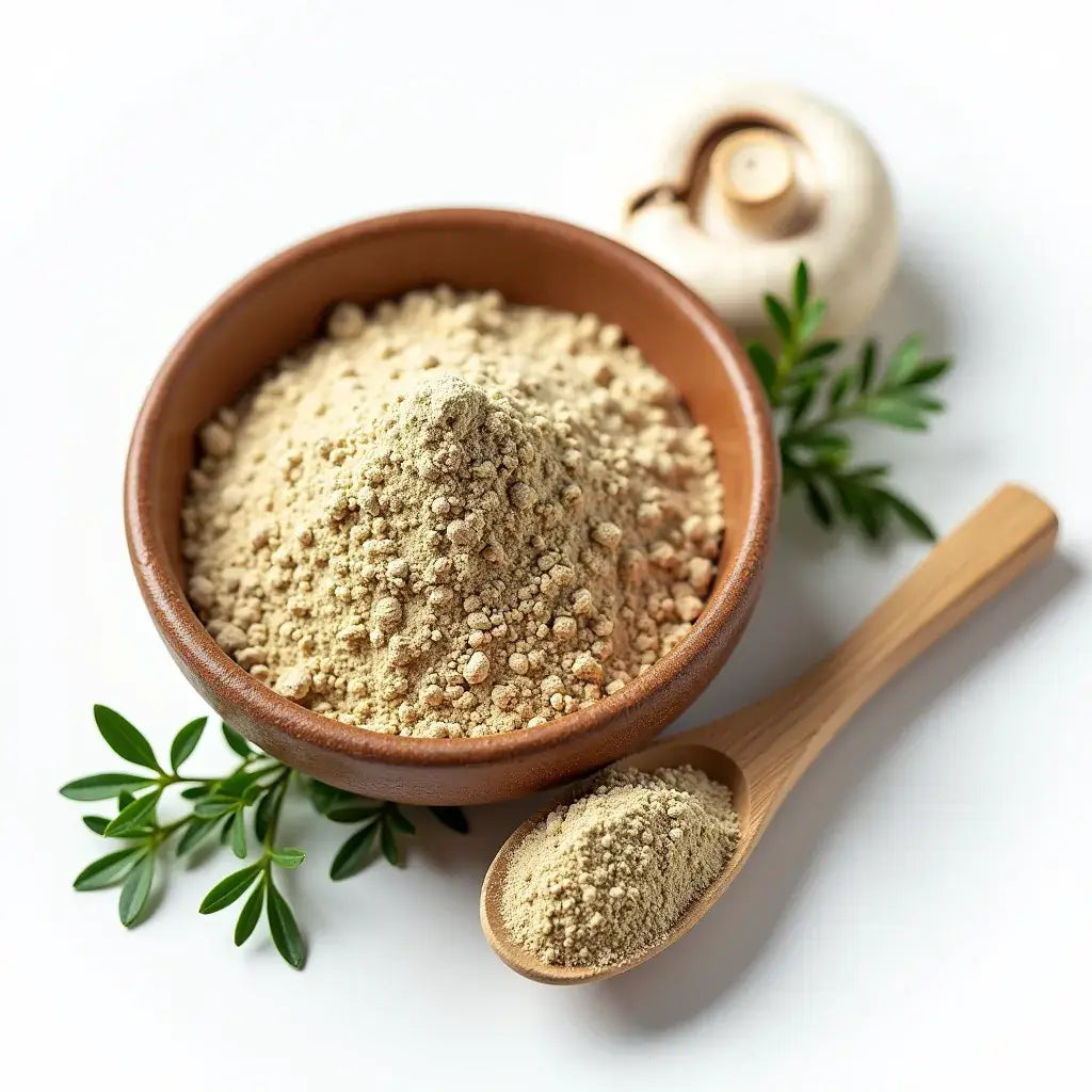 Wooden bowl and spoon filled with beige powder on a white background