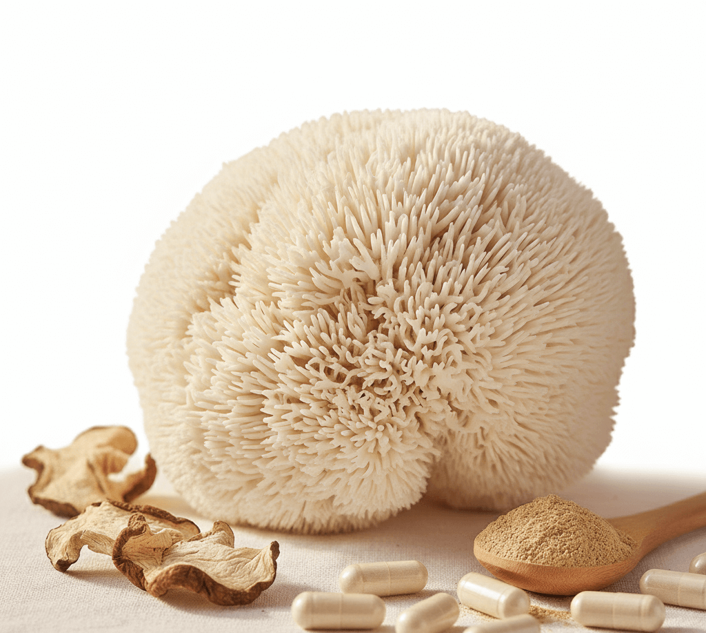 Lion's Mane Focus Clarity | Memory & Mood: Lion's Mane mushroom with capsules and powder, promoting mental clarity.