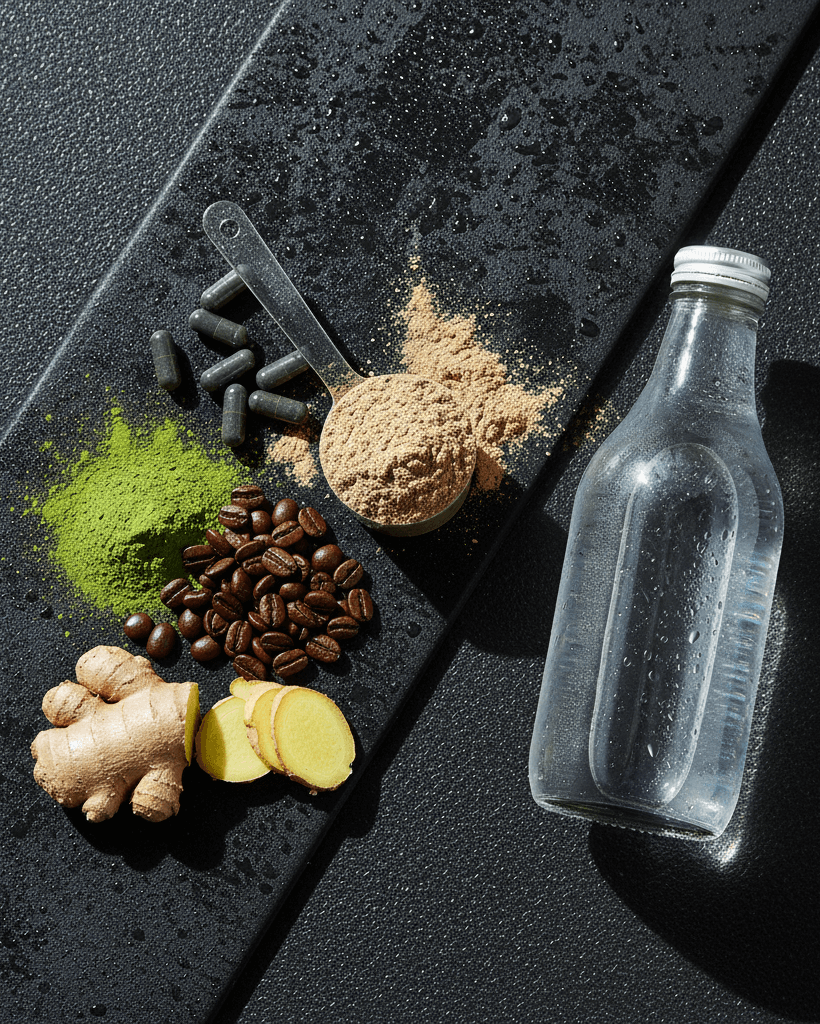 Spices and a bottle on a black surface